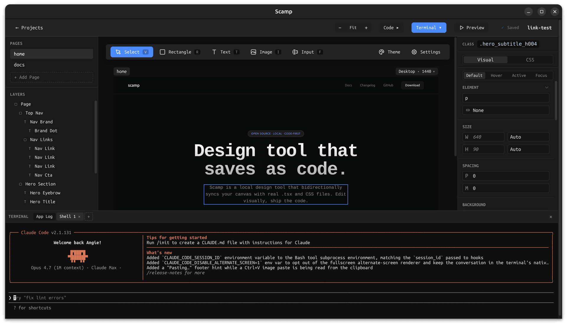Scamp with the built-in terminal panel open at the bottom, ready to run a coding agent in the project folder