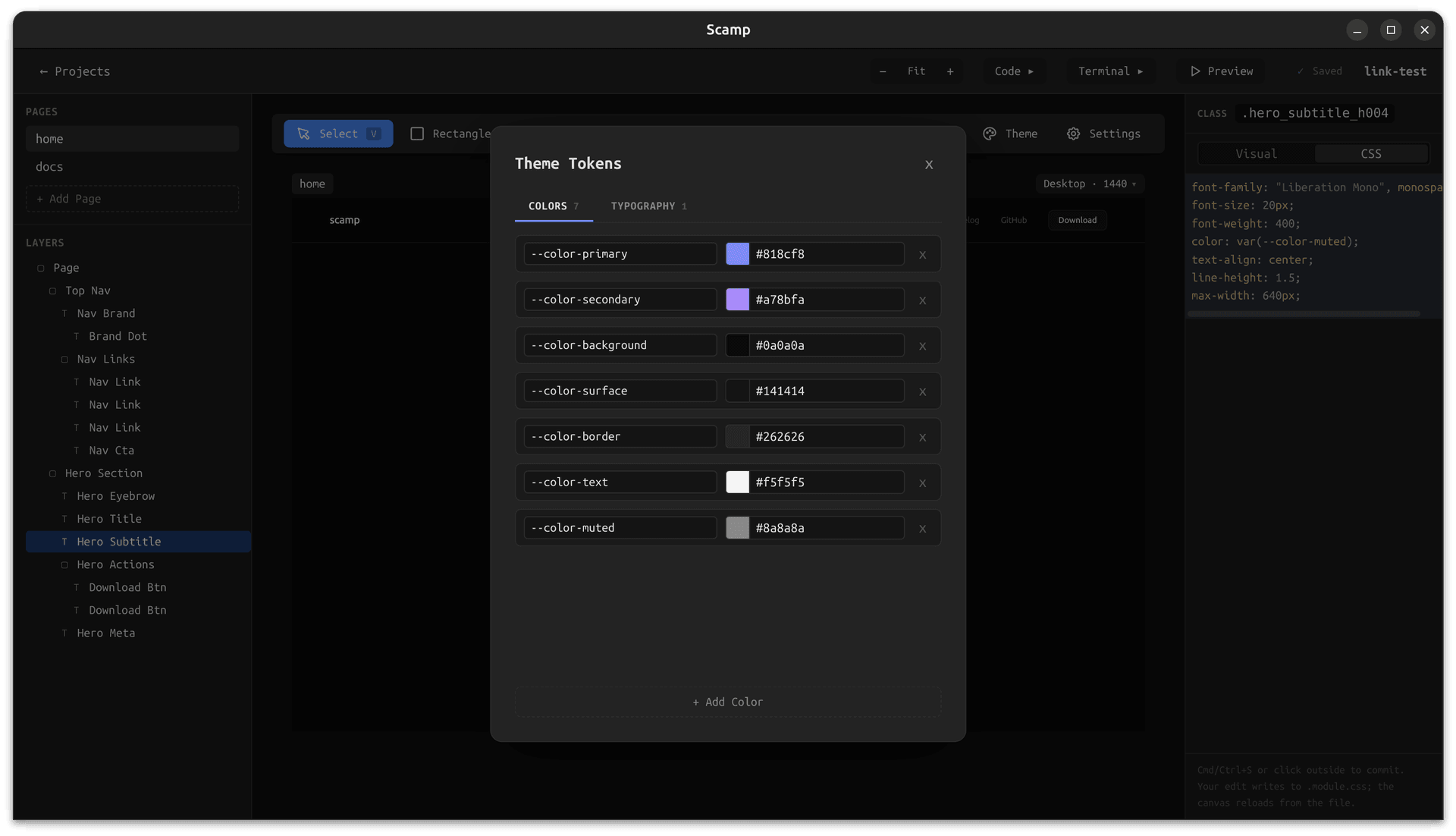 Scamp with a theme tokens modal open, editing CSS custom properties that update the canvas live