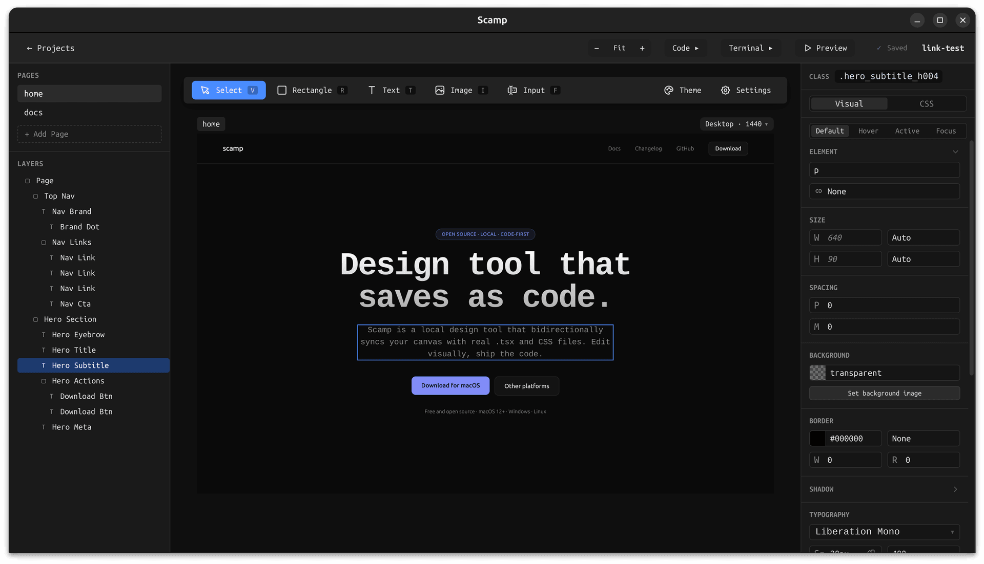 Scamp app showing a layers panel, canvas with a landing page design, and the CSS inspector panel open